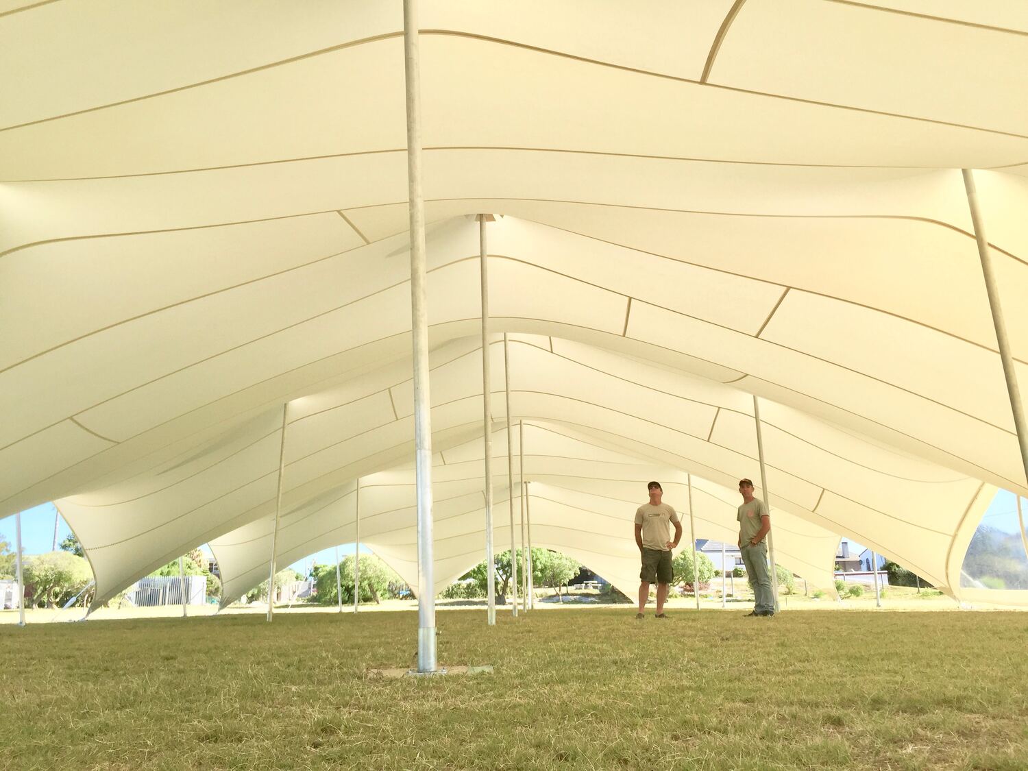The cream underside of a large stretch tent, seen from inside