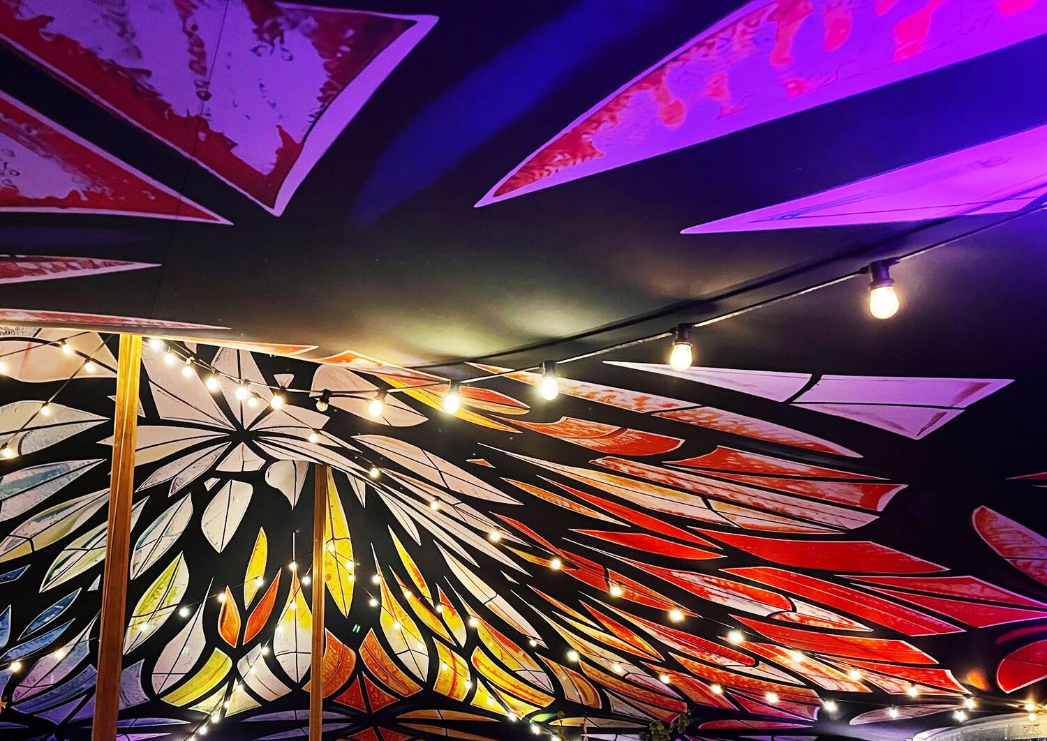 A butterfly-wing print lining the underside of a stretch tent
